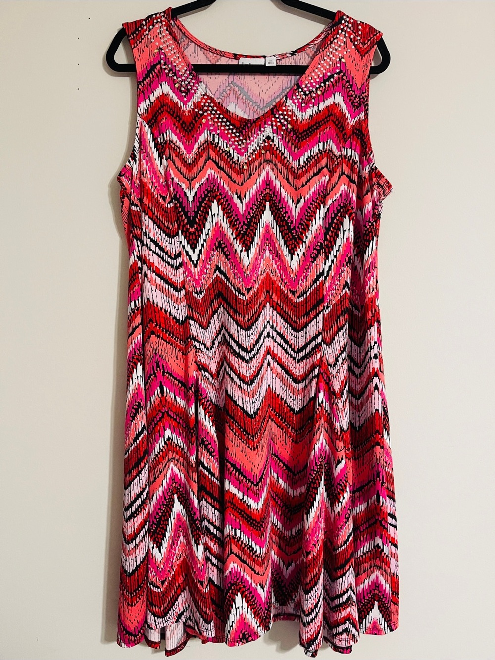 Kim Rogers Chevron Boho Swing Dress XL Liquid Knit Embellished Neckline MIDI